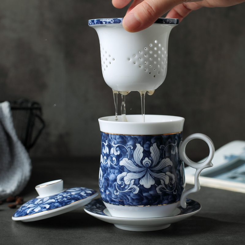 Blue and white gold Jingdezhen tea set Tea cup Ceramic with lid filter tea four-piece set Home office gift cup