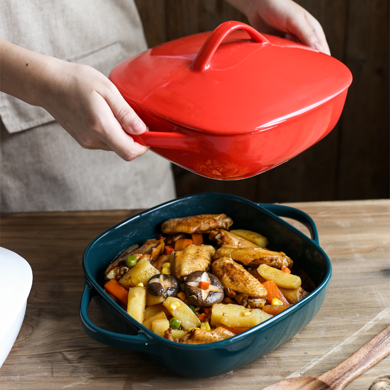 The Nordic with cover ears pan ceramic rectangle household microwave oven kitchen oven baked cheese baked bread and butter