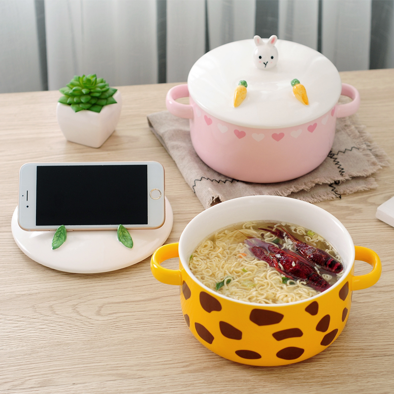 Mobile rack cap mercifully rainbow such as bowl with cover easy to clean ceramic dormitory special use creative ears and lovely cartoon
