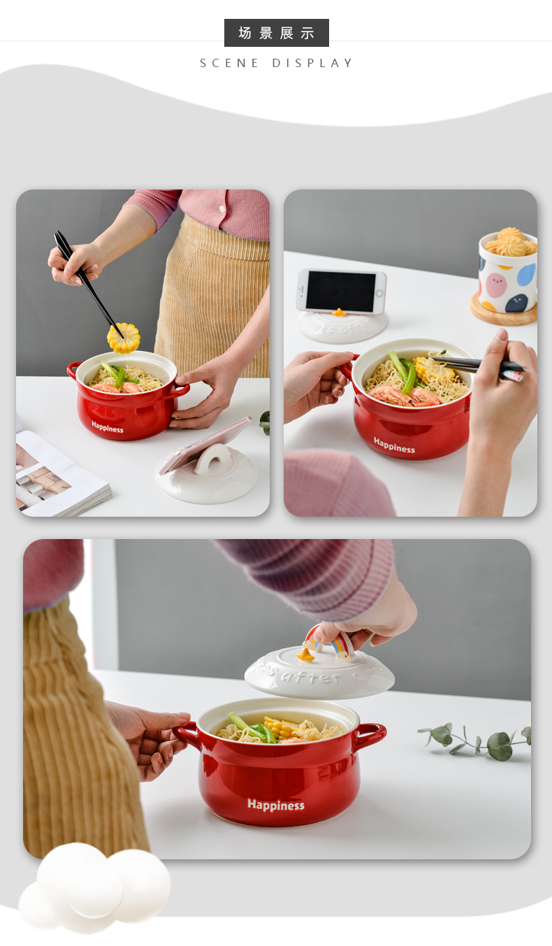 Rainbow girl lovely heart ceramic terms Rainbow such as bowl with cover individual students instant noodles bowl chopsticks suit large soup bowl