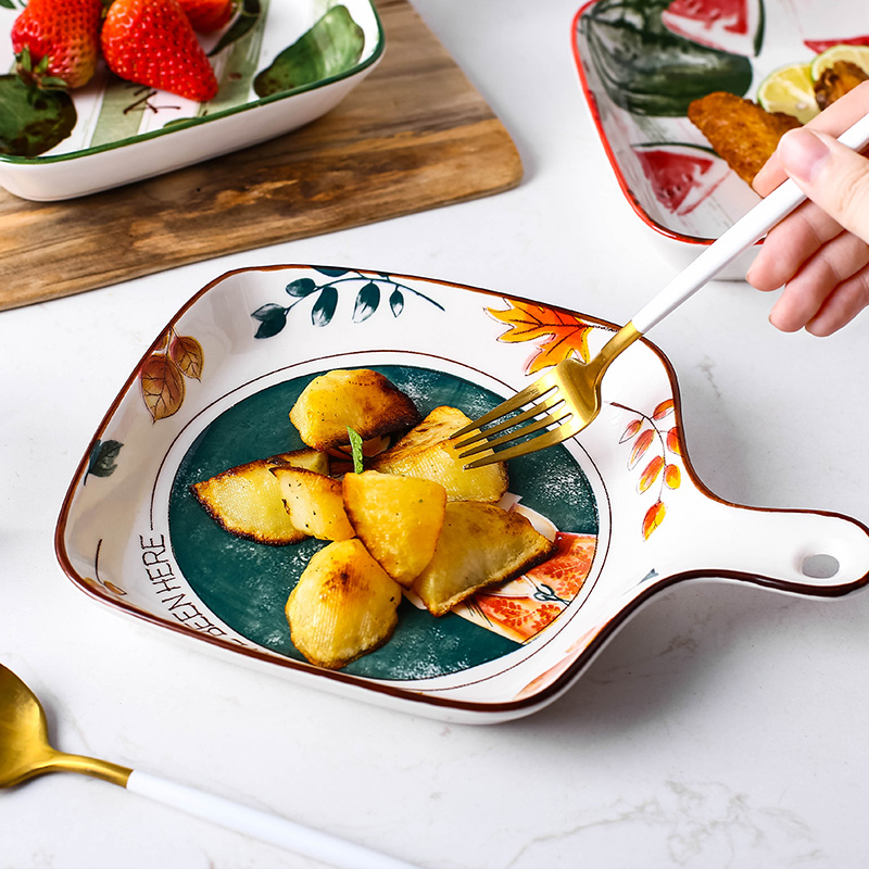 Breakfast for single handle creative ceramic fruit plate web celebrity, lovely square boreal Europe style microwave oven with the dishes