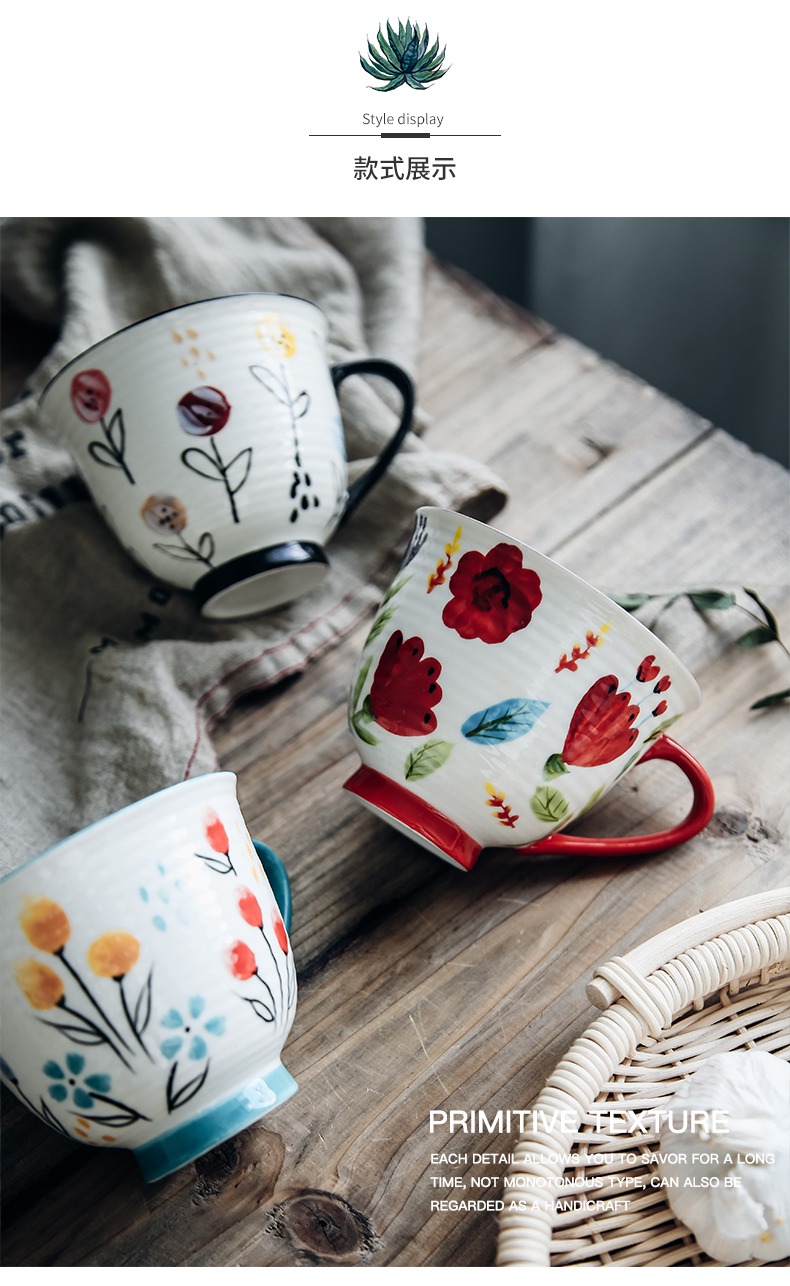 Hand color small flowers fresh Nordic ins ceramic high - capacity breakfast milk tea cup lovers mugs