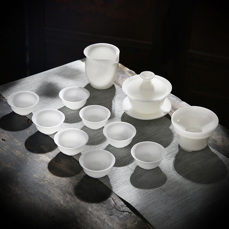 RenXin kung fu tea set manually glaze'm heat ore dehua white porcelain tureen fair keller cup gift boxes
