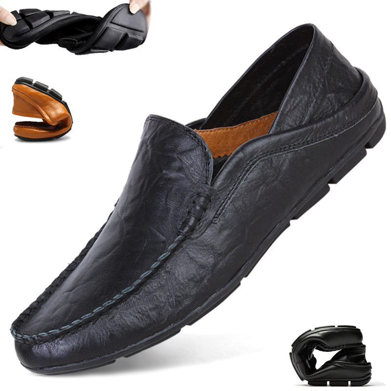 Four seasons single shoes leather beanie shoes men's trendy soft leather shoes men's casual men's shoes driving shoes summer breathable large size men's shoes