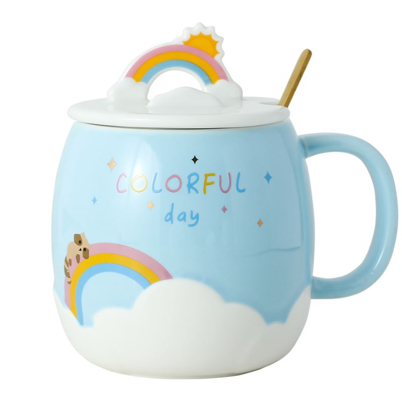Creative rainbow mark cup cartoon cup mobile scaffold ceramic cup with cover spoon girls cup a cup of milk breakfast