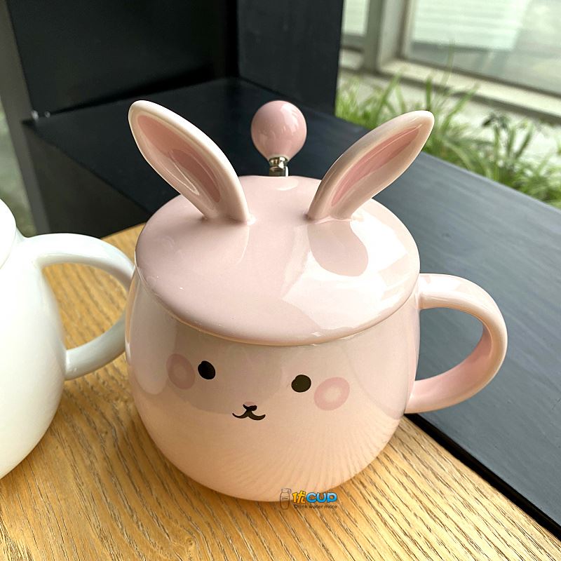 Ins girl heart mark cup with cover express little rabbit teaspoons of ceramic cup water cup of milk breakfast cup female students