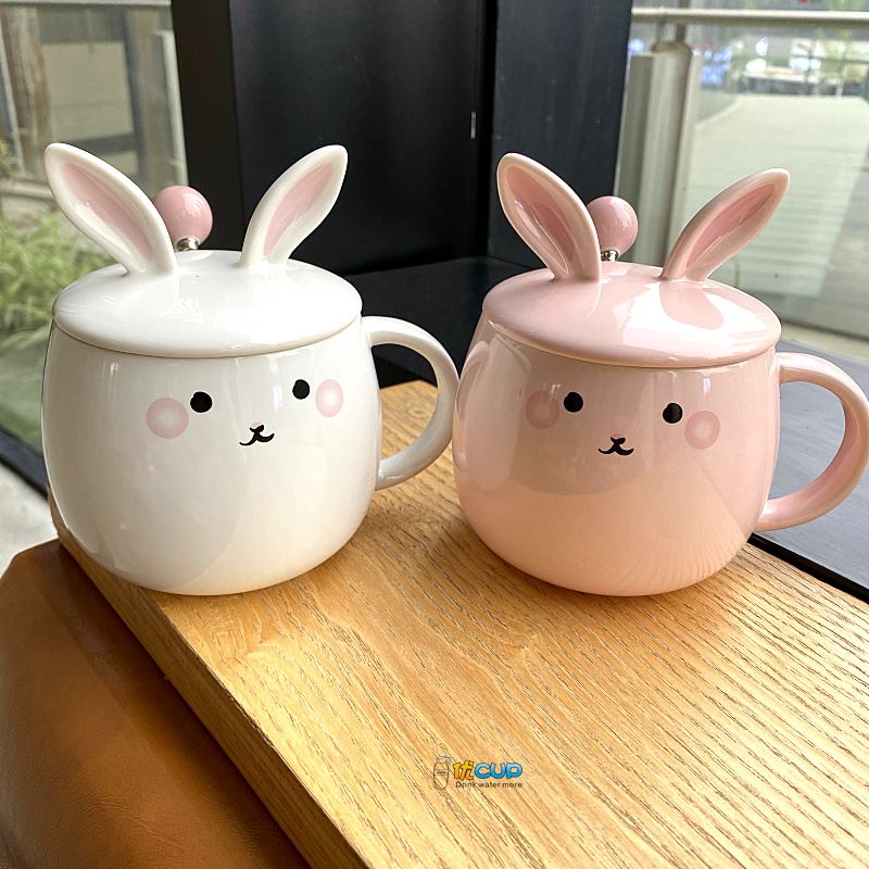 Ins girl heart mark cup with cover express little rabbit teaspoons of ceramic cup water cup of milk breakfast cup female students