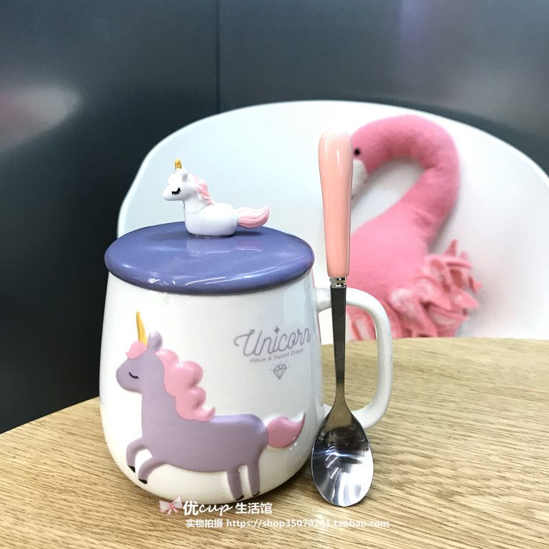 The Japanese lovely creative unicorn ceramic cup carousel mark cup milk coffee cup with pink girl students