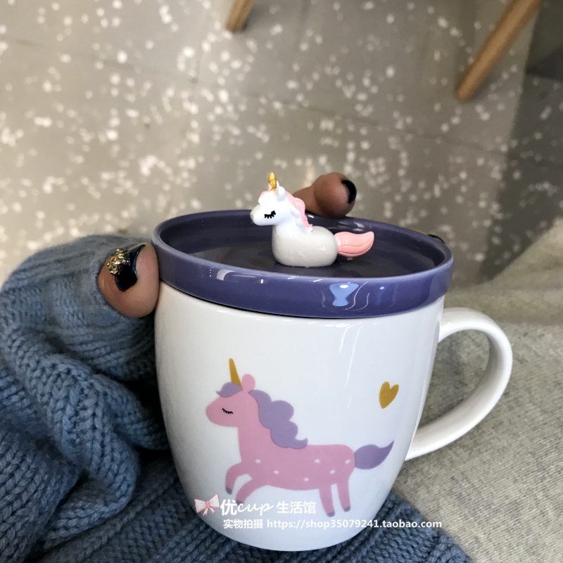 The Japanese lovely creative unicorn ceramic cup carousel mark cup milk coffee cup with pink girl students