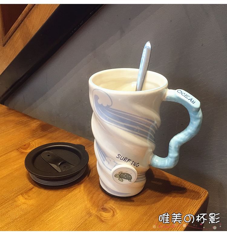 Marine animals, pure and fresh and ceramic cup adult move with cover large capacity water cup with a spoon, keller office