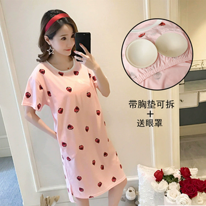 Mùa hè cotton đi kèm với đồ lót ngực ngực phụ nữ ngắn tay không mặc áo ngực cup đồ lót một mảnh đồ lót đêm - Đêm đầm