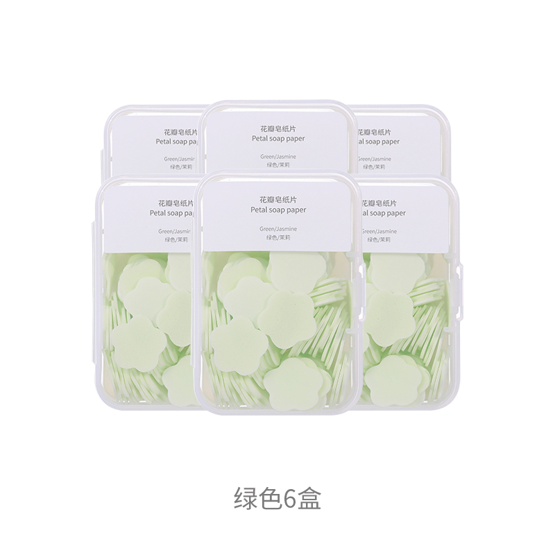 Jasmine / Green 6 BoxesFaSoLa disposable Soap film portable Paper soap Soap chip petal Soap paper Portable sterilization Hand washing tablet