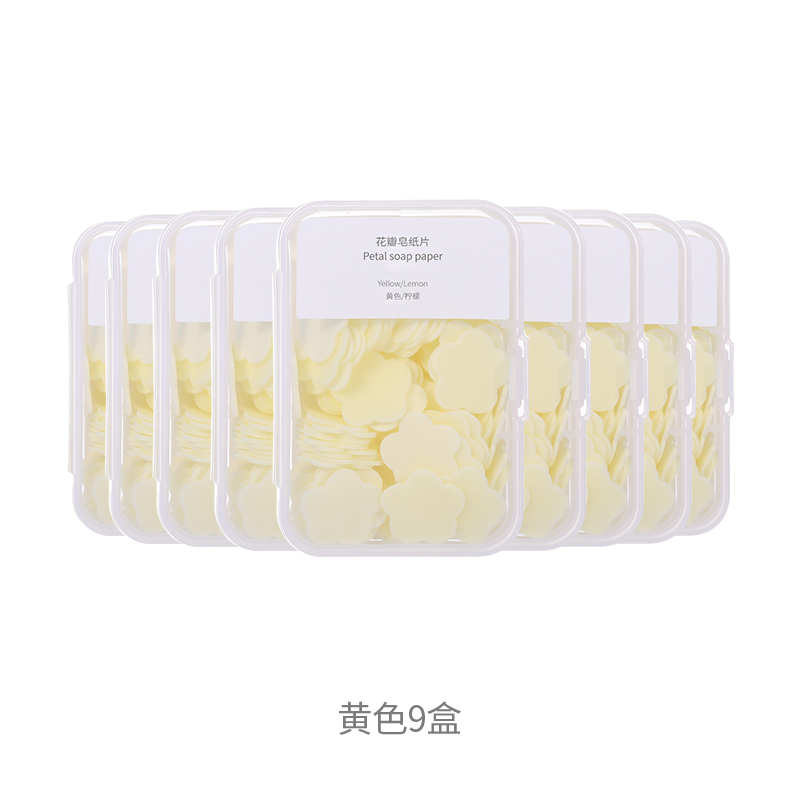 Lemon / Yellow 9 BoxesFaSoLa disposable Soap film portable Paper soap Soap chip petal Soap paper Portable sterilization Hand washing tablet