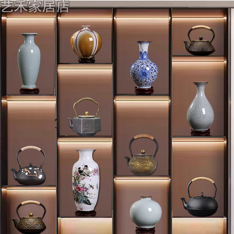 Tea Room Display Shelf, Tea Cabinet, New Chinese-Style Decorative Ornaments, Tea Culture Atmosphere Arrangement, Ceramic Ware, Vase, Iron Kettle Set