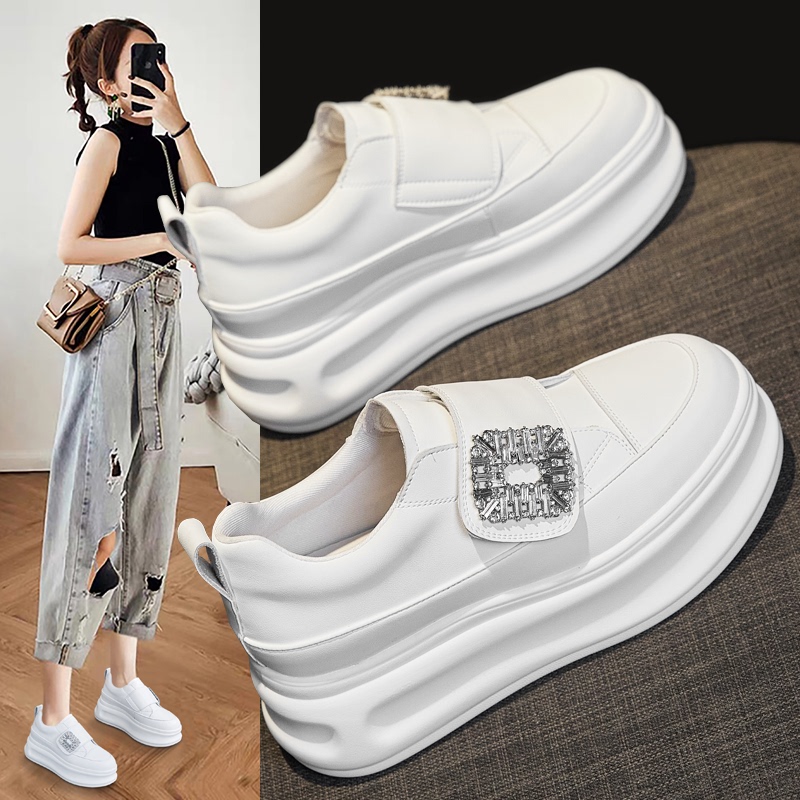 Hong Kong White Sneakers for Women 2026 Spring New Style with Hidden Height Increase, Velcro Strap, Thick-Soled Sports Casual Loafers, Skate Shoes