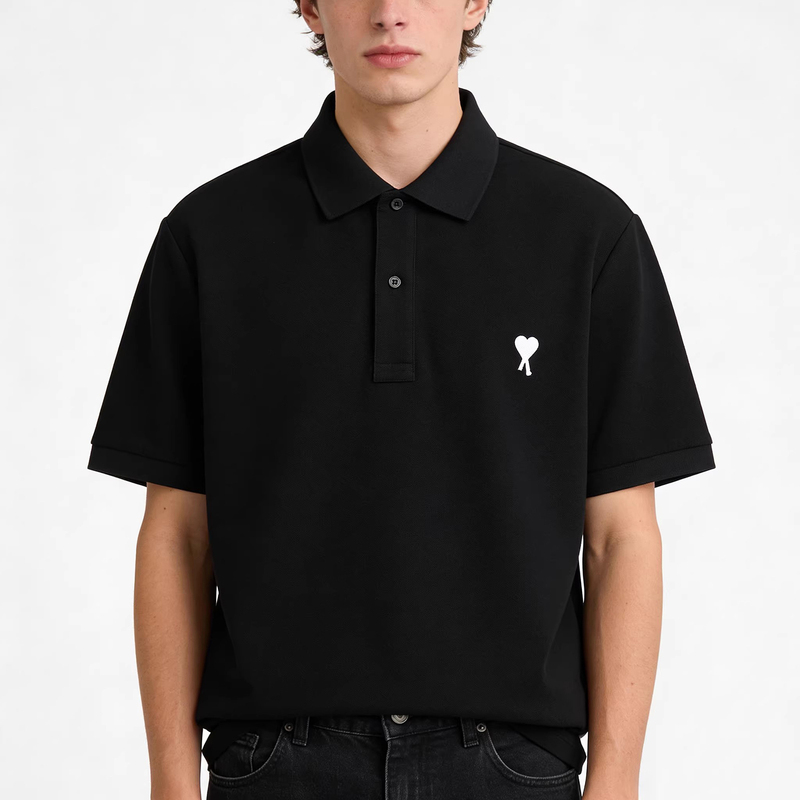 26Ss Ami Mgx New White Embroidered Small Heart Short-Sleeved Polo Shirt Men's Lapel Button Business Casual