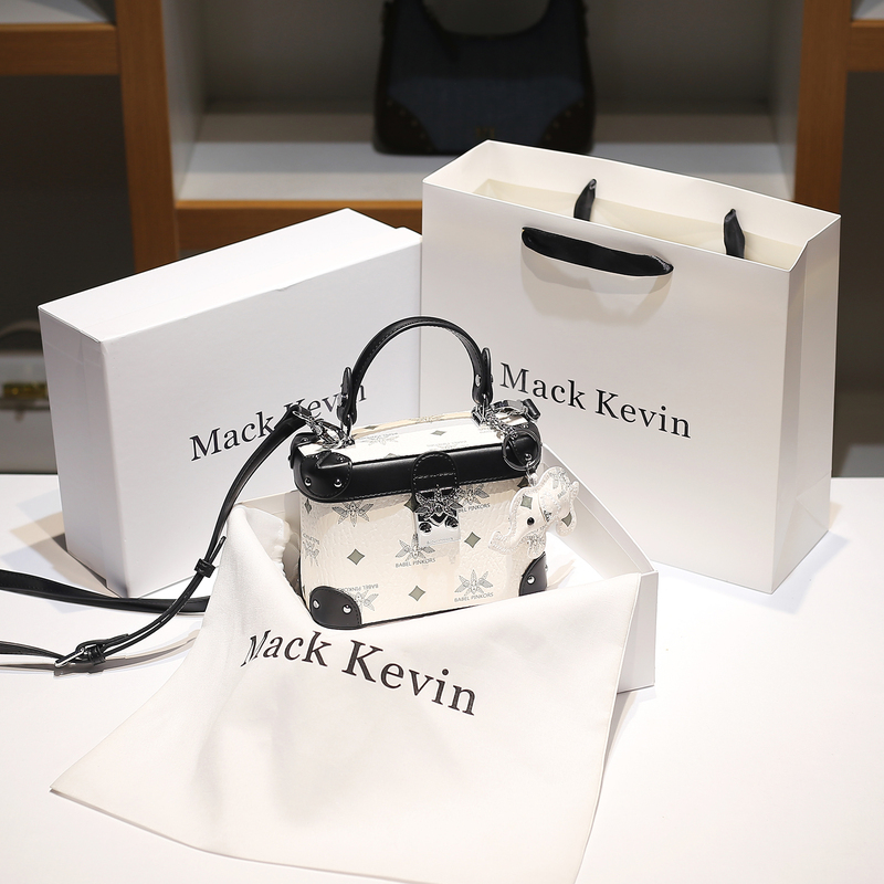 Mackkevin Niche Brand Genuine Leather Box Bag for Women, High-End Black and White Square Crossbody Small Square Bag Gift