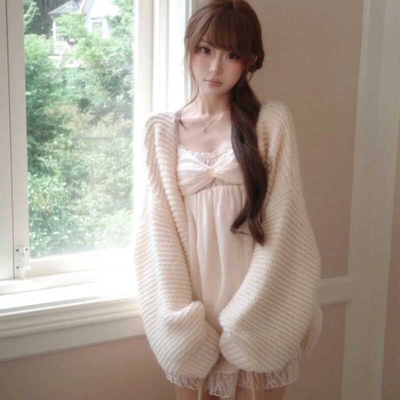 Super Stylish, Gentle Off-White Chunky Knit Cardigan with Dropped Shoulder Sleeves, a Relaxed and Atmospheric Outerwear Knit Top for Girls
