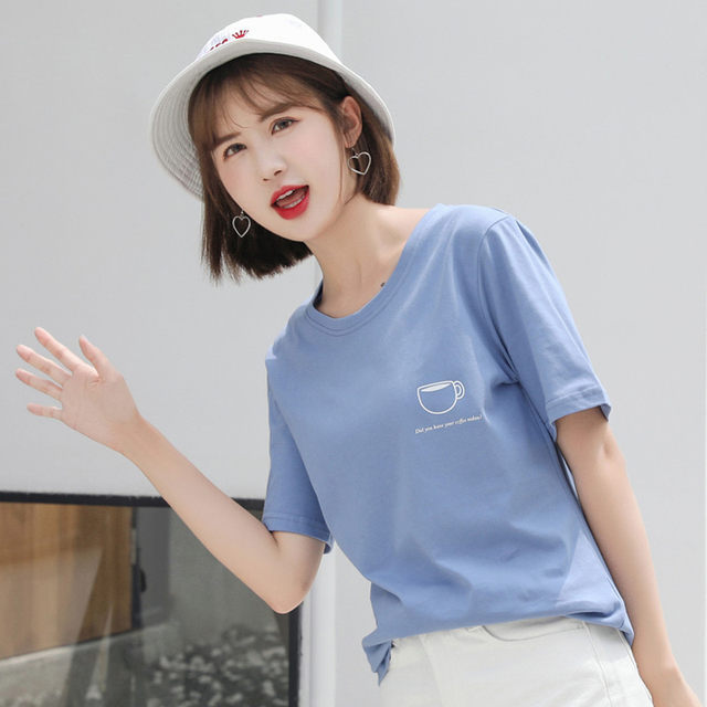 Summer 2024 new short-sleeved T-shirt women's loose cotton Korean style simple and versatile student cotton haze blue top