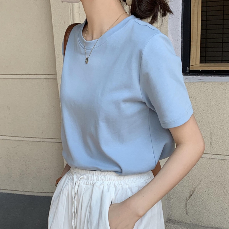 Blue T-Shirt for Women 2026 Spring/Summer Korean Style New Model ins Basic Versatile Casual Slimming Round Neck Short-Sleeved Cotton Top