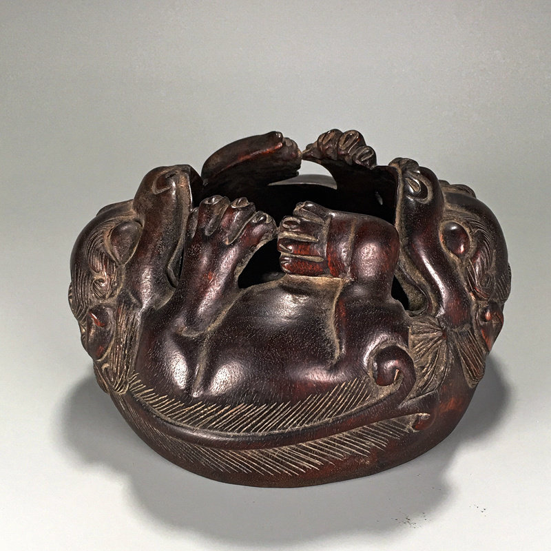 旧蔵 清 木製 紫檀 雕刻 筆筒 牛毛紋清晰 極細工 稀少珍品 中国古美味  