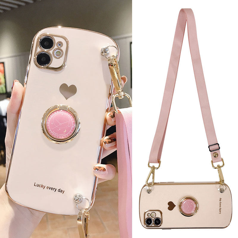 Oval plating suitable for apple 13 mobile phone protection shell inclined satchel iPhone12promax high-grade sense with bracket female full package