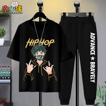 Boys short sleeve set children thin cotton foreign style two-piece junior high school students fashion handsome middle school childrens clothing