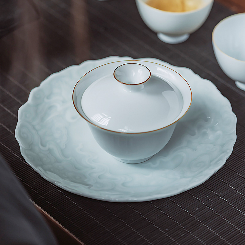 Jingdezhen flagship store ceramic film green hand - carved household pot bearing small tea tray was dry mercifully tea accessories