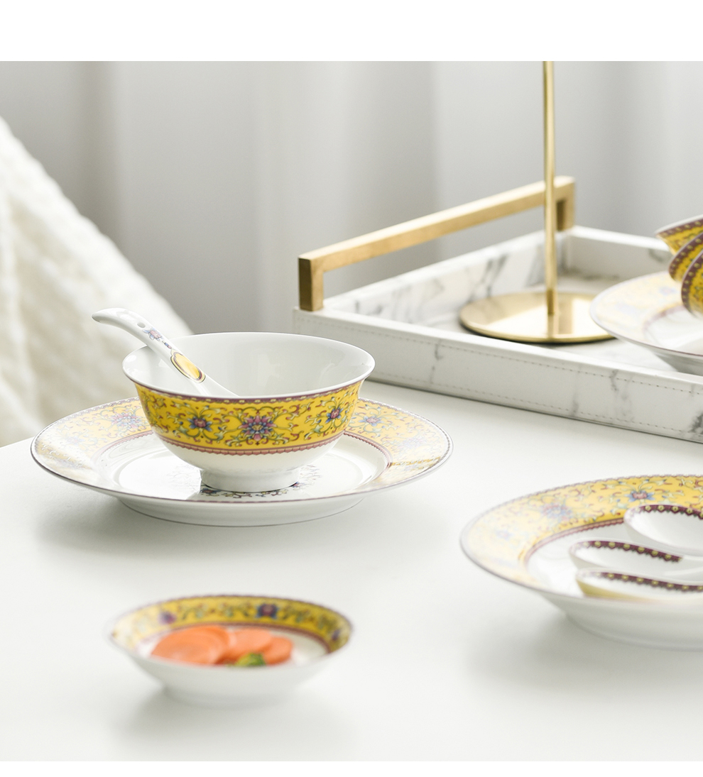 Jingdezhen flagship store white porcelain tableware suit Chinese high - grade colored enamel eat soup bowl bowl dish plate combination