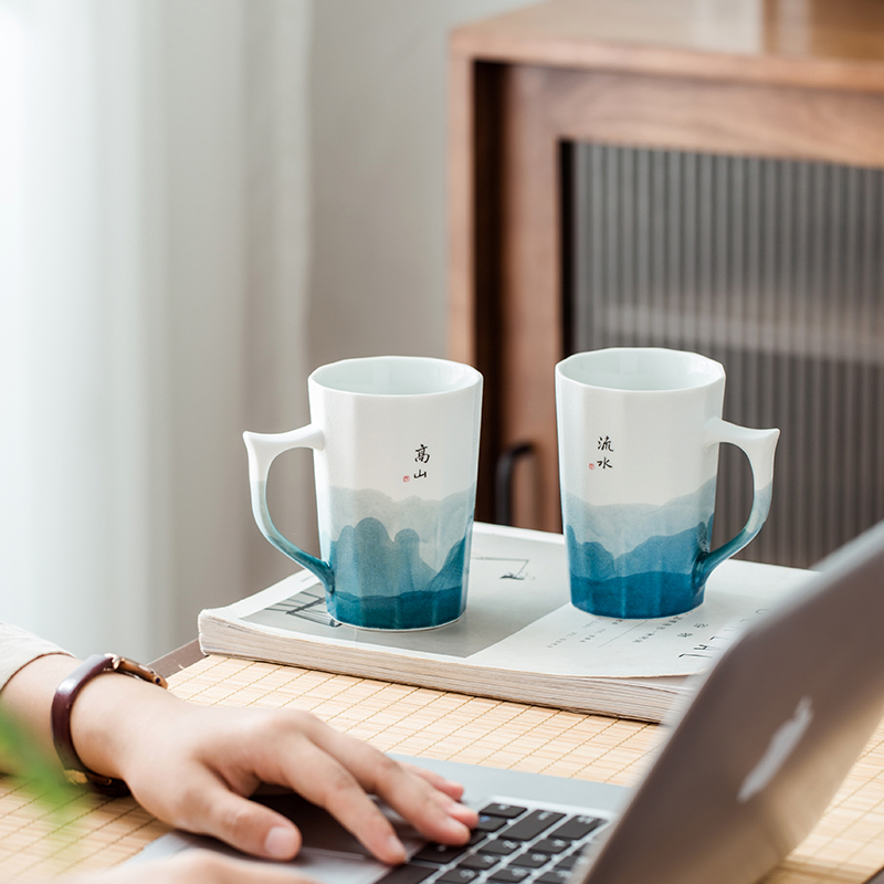 Jingdezhen high white clay on checking painting wind ceramic cup couples in cup set pair