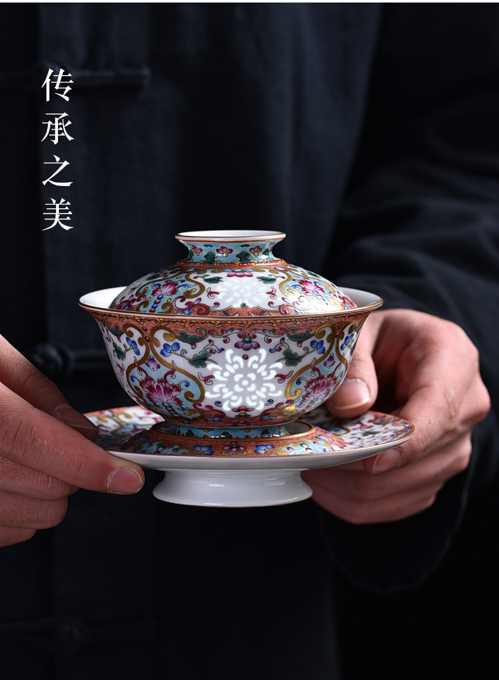 Jingdezhen flagship store only three tureen colored enamel paint hand - made flowers grain tea set a single can collect tea ware