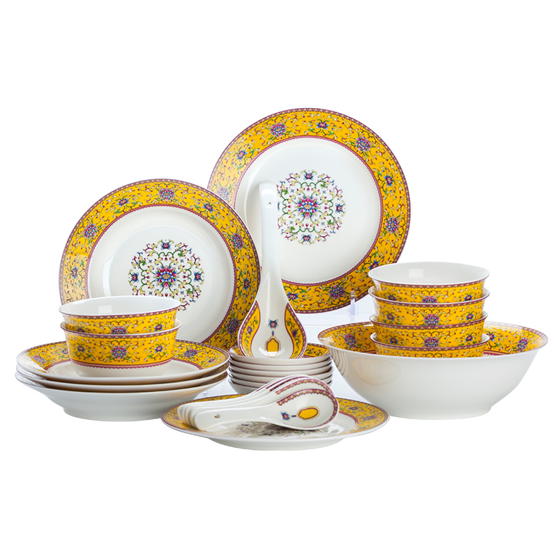 Jingdezhen flagship store white porcelain tableware suit Chinese high - grade colored enamel eat soup bowl bowl dish plate combination