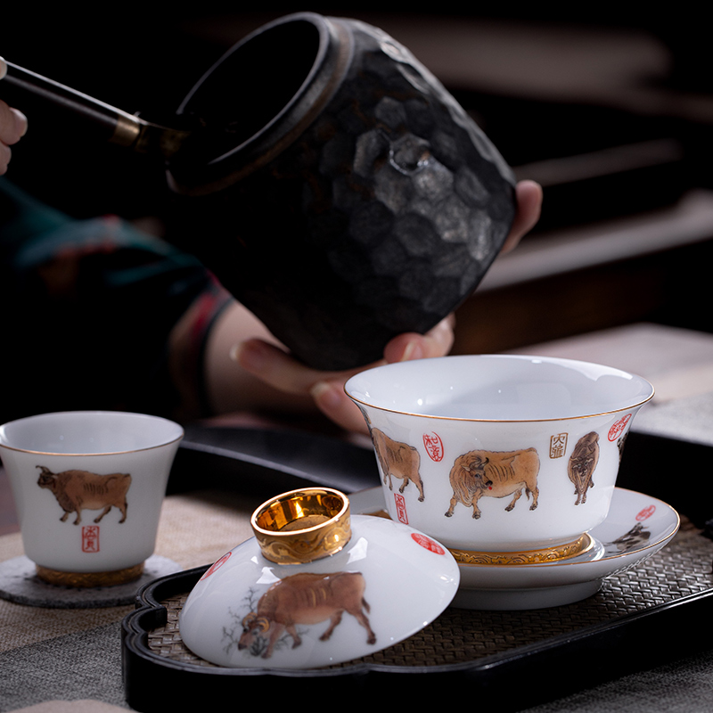 Jingdezhen official flagship store of ceramic tea set suit household glaze color five NiuTu tureen JRT cup combination
