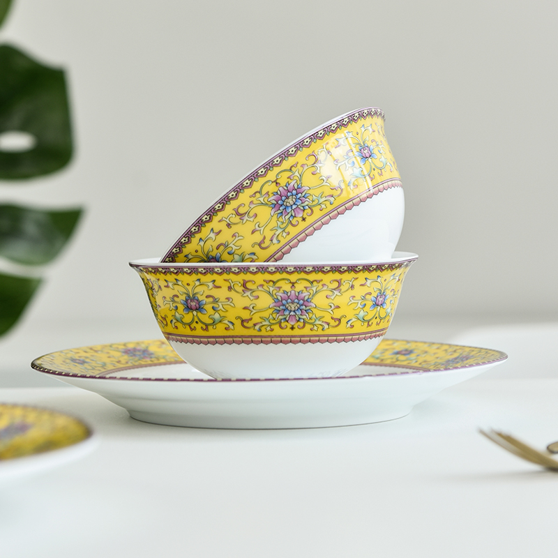 Jingdezhen flagship store white porcelain tableware suit Chinese high - grade colored enamel eat soup bowl bowl dish plate combination