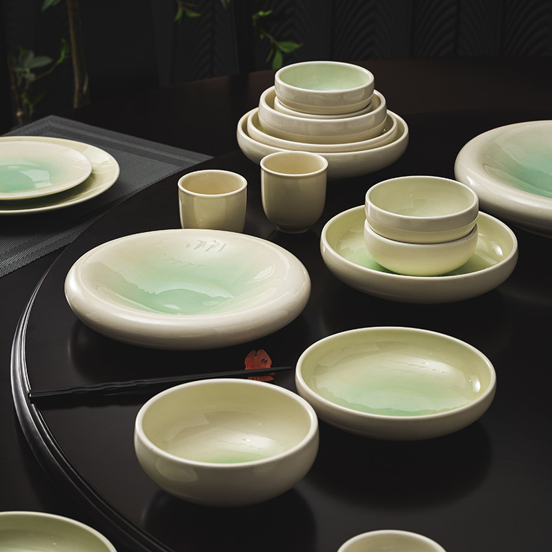 Creative Underglaze Ceramic Tableware, Green Gradient, Chinese-Style Simple Bowl and Plate Set, Exquisite High-End Plates for Home and Hotel Use