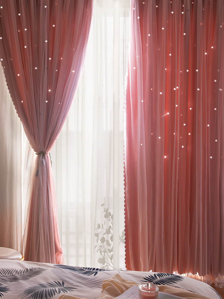 Curtain double layer with yarn pink Children's room dreamy curtains veil Mantle Thickened shading Hook Bedroom Sunb