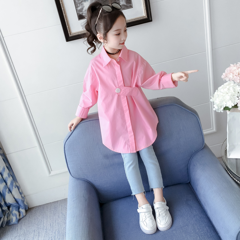Cô gái áo mùa xuân và mùa thu dài tay áo phong cách Hàn Quốc phiên bản 2020 mới trẻ em vừa của mùa xuân mùa thu và mùa thu áo sơ mi dài triều.