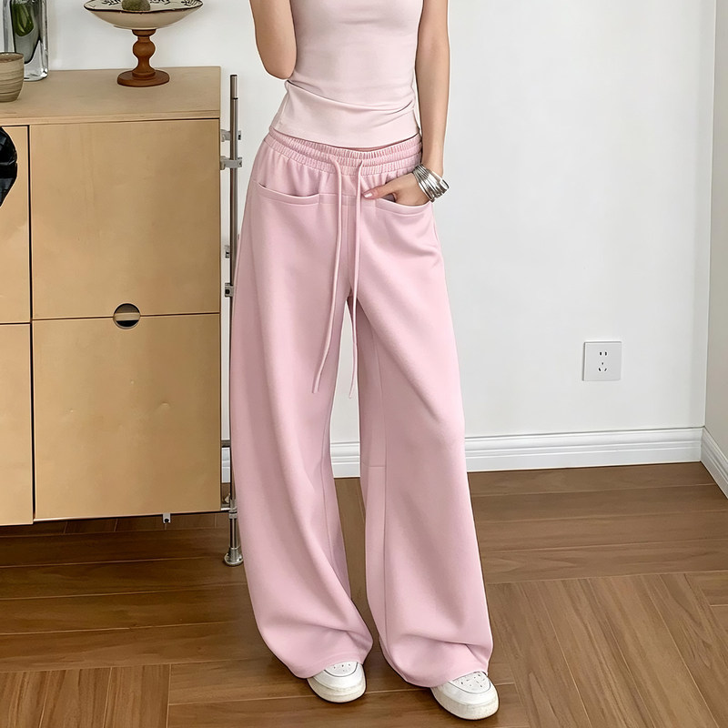 Pink Cloud Wide-Leg Pants for Women, Autumn 2026 New Style, High-Waisted, Slimming, Front Pocket Design, Straight-Leg Sports Sweatpants Pink Cloud Wide-Leg Pants for Women, Autumn 2026 New Style, High-Waisted, Slimming, Front Pocket Design, Straight-Leg Sports Sweatpants
