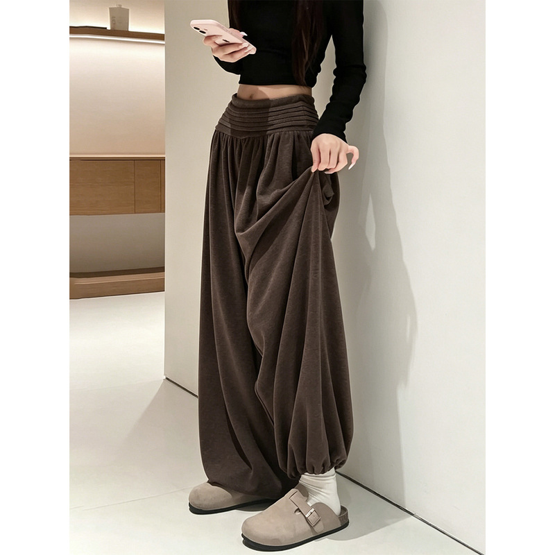 Coffee-Colored Mochi Rice Jogger Pants for Women, New Autumn Style, High-Waisted, Slimming, Pleated, Drapey, Loose Fit, Petite, Flower Bud Lantern Pants
