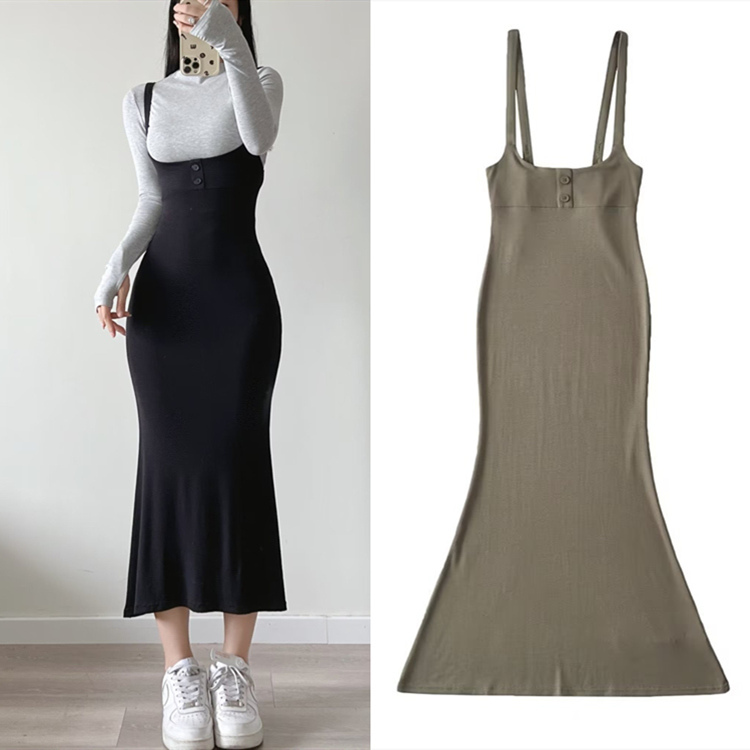 European and American Button-Down Breast-Supporting Suspbottomer Fishtail Dress for Women, Spring & Fall Tight-Fitting Hip-Hugging Skirt, Breast-Revealing Bottoming Mid-Length Skirt European and American Button-Down Breast-Supporting Suspbottomer Fishtail Dress for Women, Spring & Fall Tight-Fitting Hip-Hugging Skirt, Breast-Revealing Bottoming Mid-Length Skirt