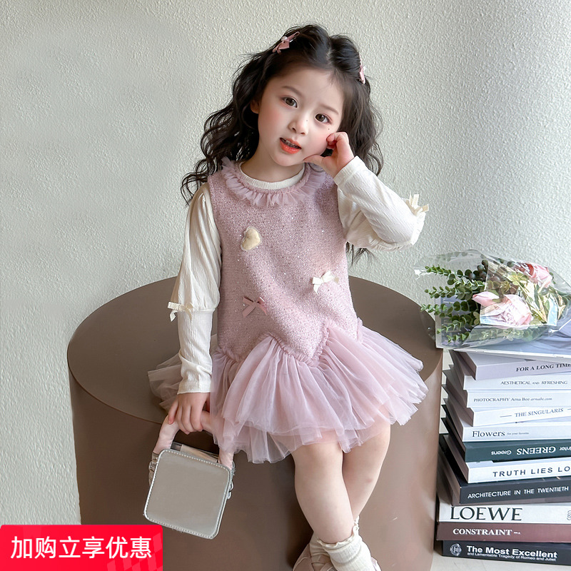 女の子ドレス春と秋2025新しいスタイルのベビープリンセスガーゼスカートスーツ子供用小さなシャネルスタイルのベストスカート