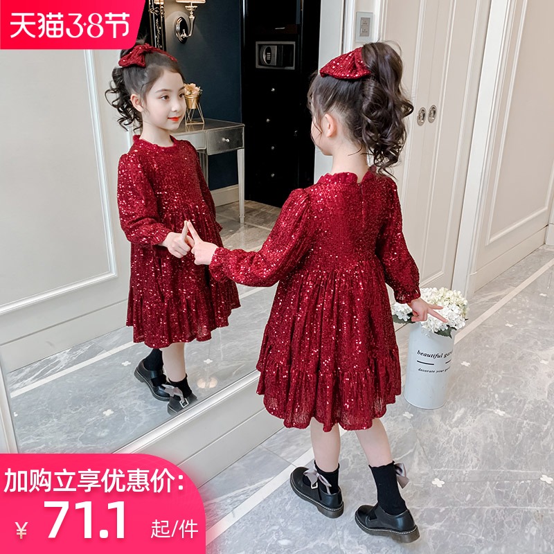 Girls' foreign plus velvet dress spring dress new clothes children's spring and autumn long sleeve skirt red sequin princess skirt