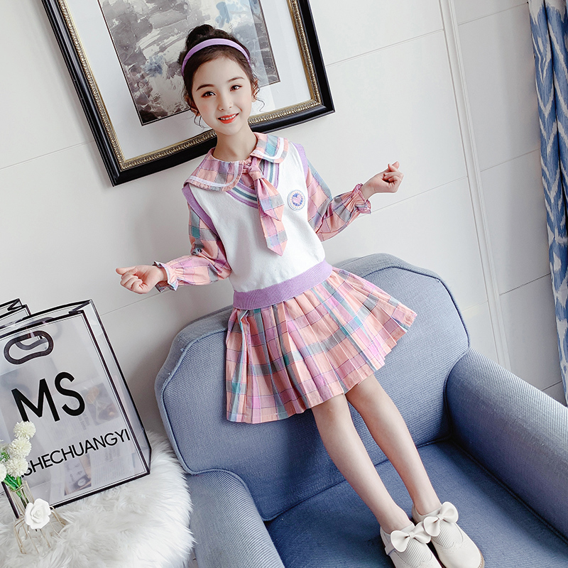 Girls Academy Wind Suit Dress Autumn Dress New Baby Plaid Jk Knit Machia Girl Princess Dress