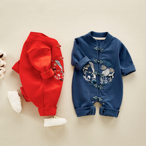 1 Chinese style full moon clothing Net red baby jumpsuit 0-year-old baby 100 days clothes spring and autumn male baby toddler autumn outfit