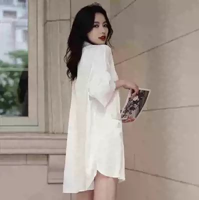 Shirt night dress female 2021 summer new ice silk boyfriend style mid-length loose sexy silk shirt pajamas female