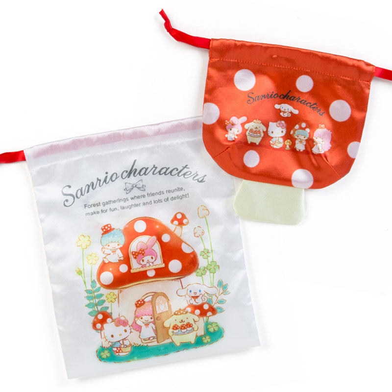Japan SanrioCharacters mix Bundle pocket Drawstring bag Storage bag Finishing bag (Mushroom)