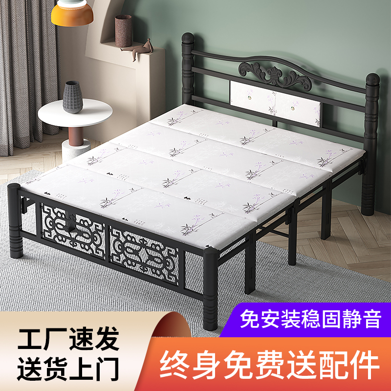Reinforced folding bed lunch break bed wooden bed simple single 1 2 m 1 5 m double bed iron bed frame home economy