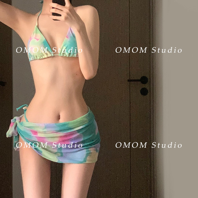 OMOM ເອີຣົບແລະອາເມລິກາ ins sexy fantasy tie-dye blouse gauze skirt bikini four-piece set blouse split swimsuit for women
