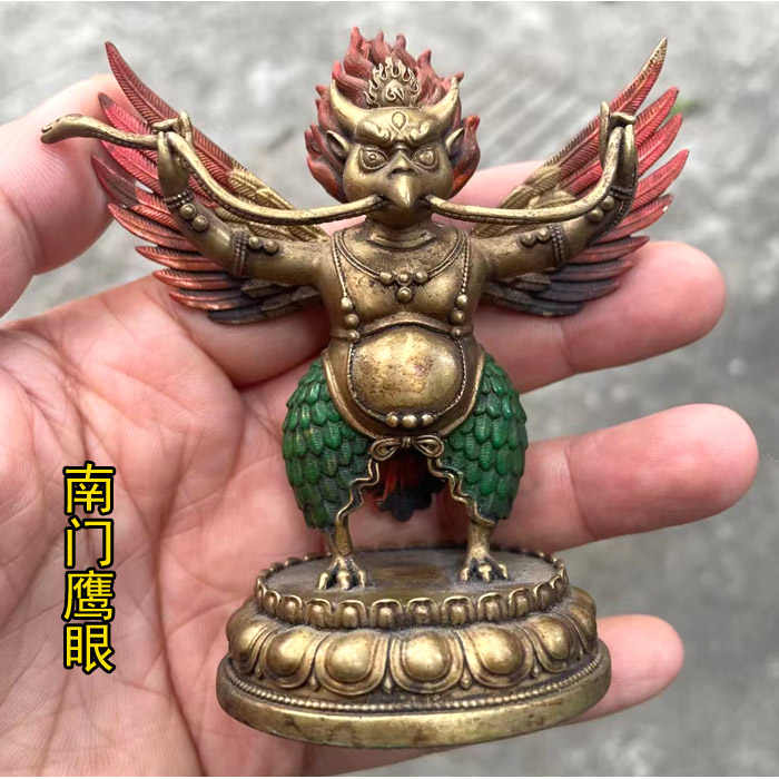 旧蔵 清 銅製 西藏銅胎描彩 大鵬金翅鳥 純手工敲打 鏨刻 吊墜 挂
