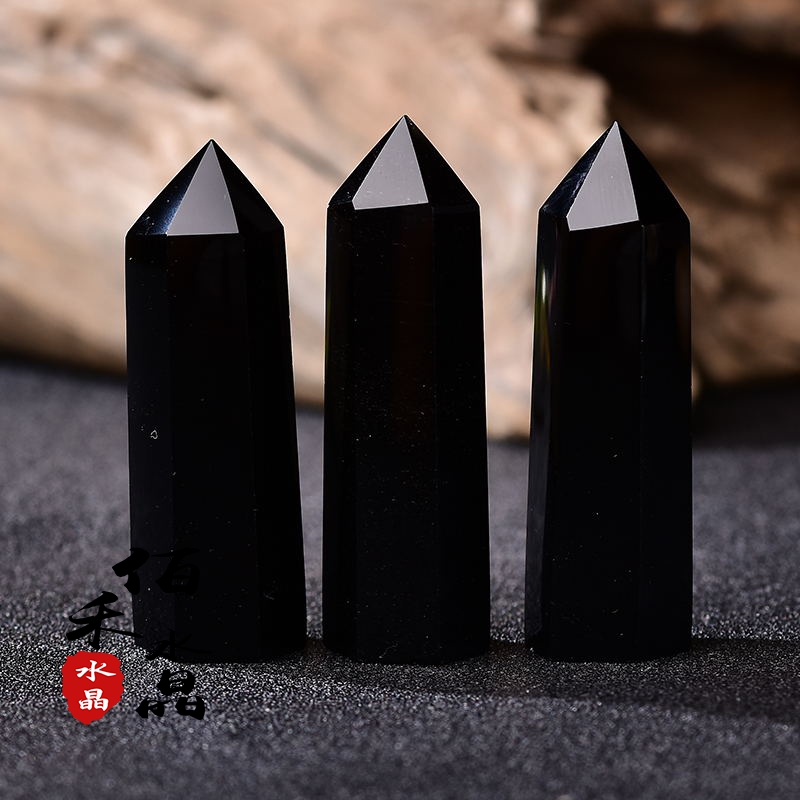 Natural Black Yaoyao Hexagonal Prism Pendulum Pieces Original Stone Polished Single Tip Crystal Pillar Home Living Room Desk Face Furnishing
